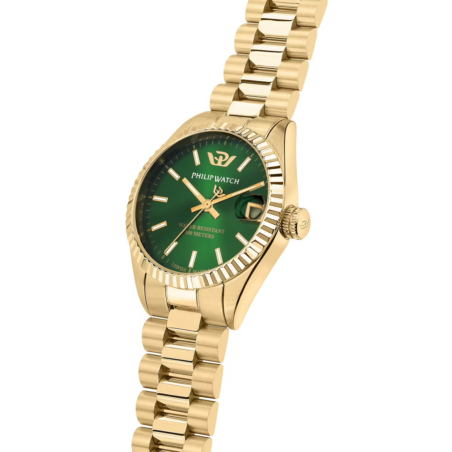 Orologio donna Philip Watch R8253597591 collezione Caribe, cassa 31 mm in acciaio dorato lucido e satinato, vetro zaffiro, bracciale in metallo gold con chiusura a farfalla, movimento al quarzo Swiss Made.