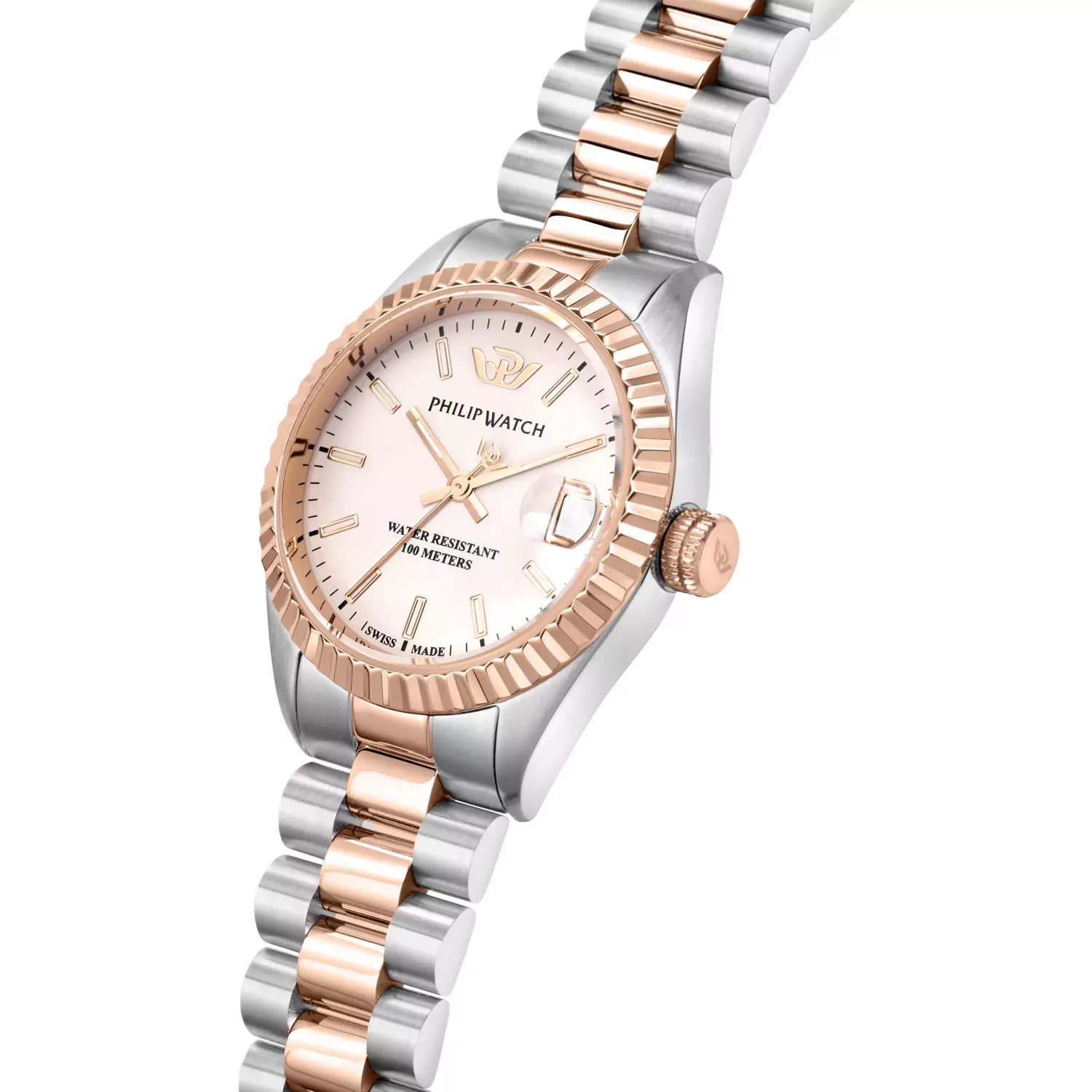 Orologio donna Philip Watch R8253597580 collezione Caribe, cassa 31 mm in acciaio bicolor silver e oro rosa, vetro zaffiro antiriflesso, bracciale in metallo bicolor con chiusura a farfalla, movimento al quarzo Swiss Made.