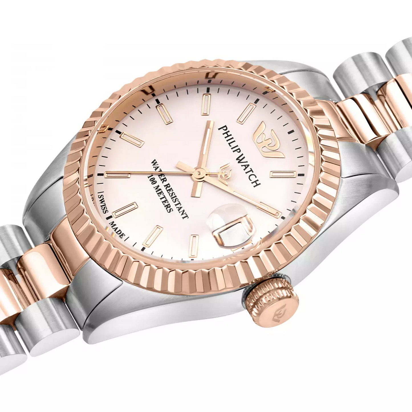 Orologio donna Philip Watch R8253597580 collezione Caribe, cassa 31 mm in acciaio bicolor silver e oro rosa, vetro zaffiro antiriflesso, bracciale in metallo bicolor con chiusura a farfalla, movimento al quarzo Swiss Made.