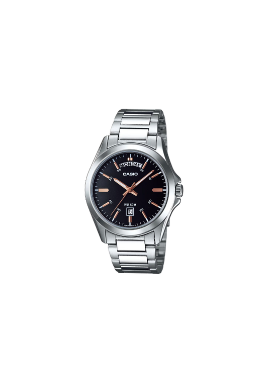 Casio MTP-1370D-1A2VDF orologio uomo quarzo acciaio inox con dettagli oro rosa e quadrante nero, design elegante con datario e stile classico.
