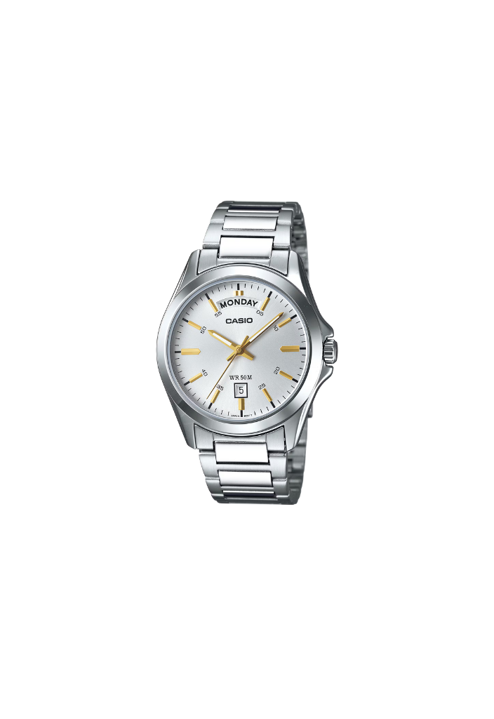 Casio Daydate MTP-1370D-7A2V – Orologio da uomo in acciaio inox con quadrante bianco e dettagli oro, 39mm, movimento al quarzo con Day-Date.