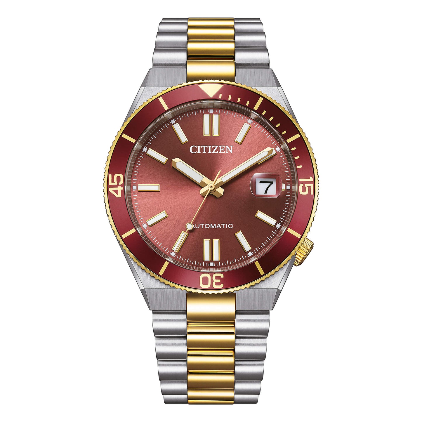 Citizen Tsuyosa Shore NJ0234-58X orologio automatico uomo quadrante rosso bicolore acciaio oro 40 mm vetro zaffiro ghiera girevole