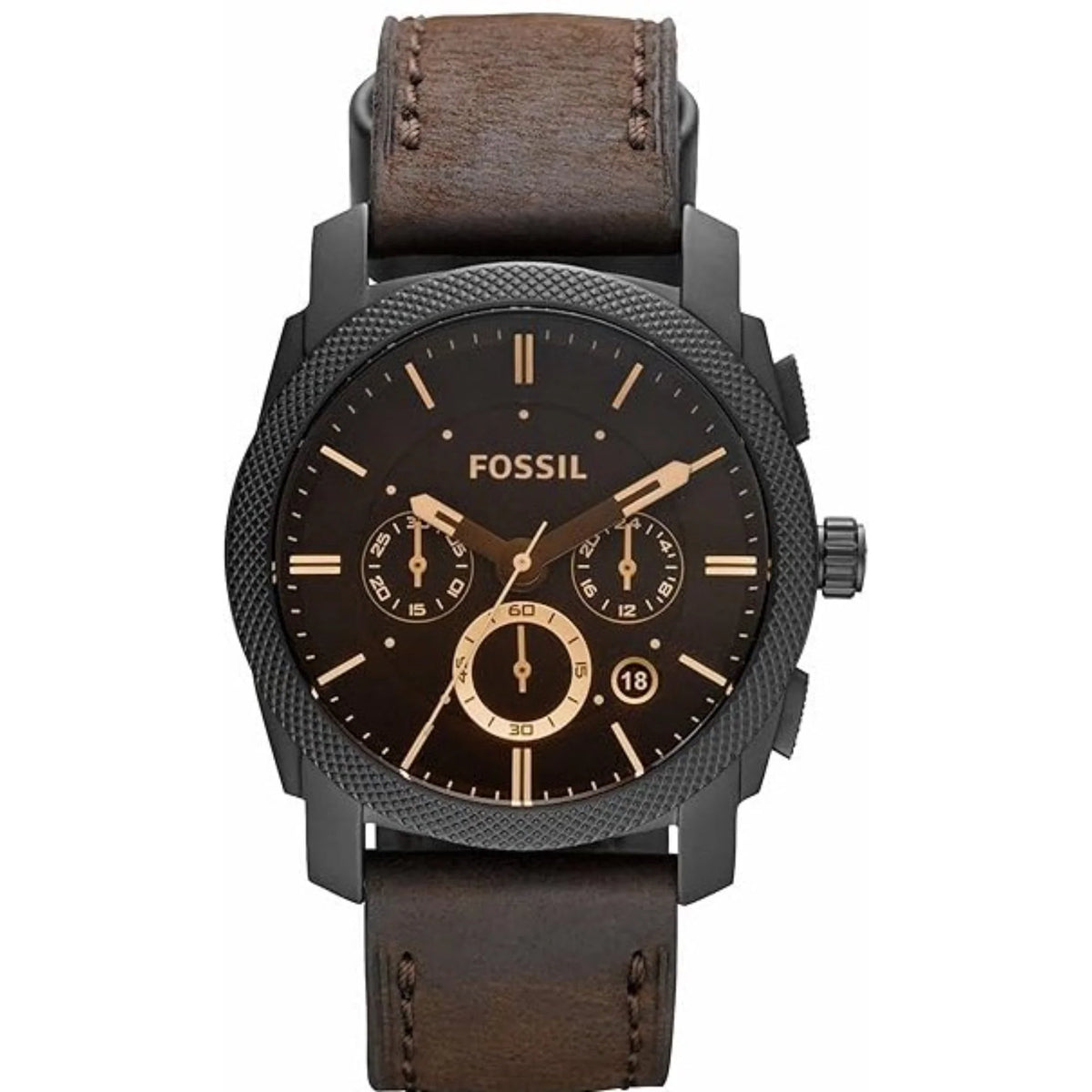 Fossil Machine FS4656 cronografo uomo 42 mm con quadrante nero, cassa in acciaio marrone e cinturino in pelle marrone.