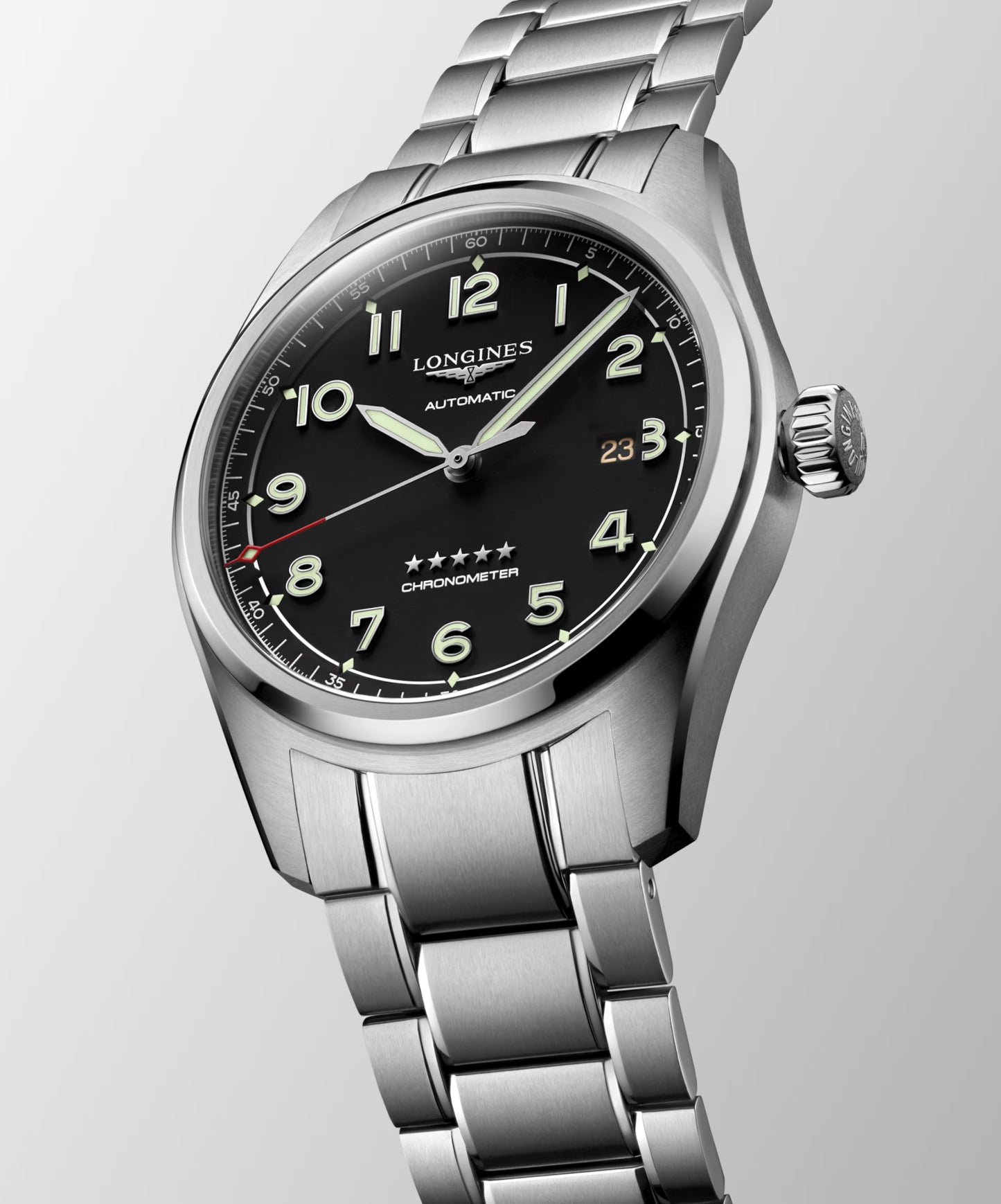 LONGINES SPIRIT L3.410.4.53.6, orologio automatico Swiss Made, cassa acciaio Ø 37/40/42 mm, quadrante nero, vetro zaffiro antigraffio, lancette e indici luminescenti, movimento calibro L888.4 con riserva di carica 72 ore, perfetto per polsi piccoli, medi e grandi.