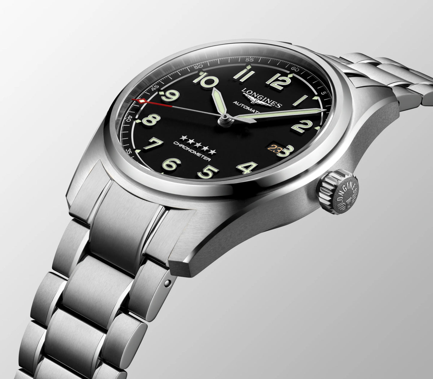 LONGINES SPIRIT L3.410.4.53.6, orologio automatico Swiss Made, cassa acciaio Ø 37/40/42 mm, quadrante nero, vetro zaffiro antigraffio, lancette e indici luminescenti, movimento calibro L888.4 con riserva di carica 72 ore, perfetto per polsi piccoli, medi e grandi.