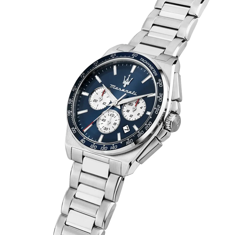 Orologio Maserati Velocità Chrono R8873652005 quarzo 43mm acciaio argento con quadrante blu e bracciale in metallo
