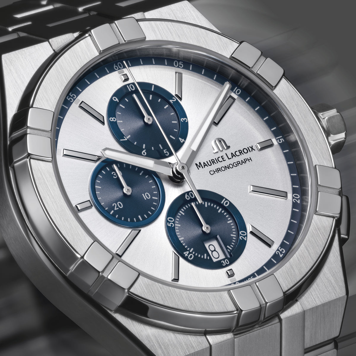 Maurice Lacroix Aikon Quartz Chronograph AI1118-SS002-230-1 42mm acciaio quadrante grigio soleil con dettagli blu