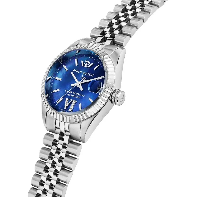 Orologio Philip Watch Caribe R8253597655 da donna, cassa rotonda da 31 mm in acciaio con diamanti, vetro zaffiro antiriflesso, bracciale in acciaio silver, movimento Swiss Made.