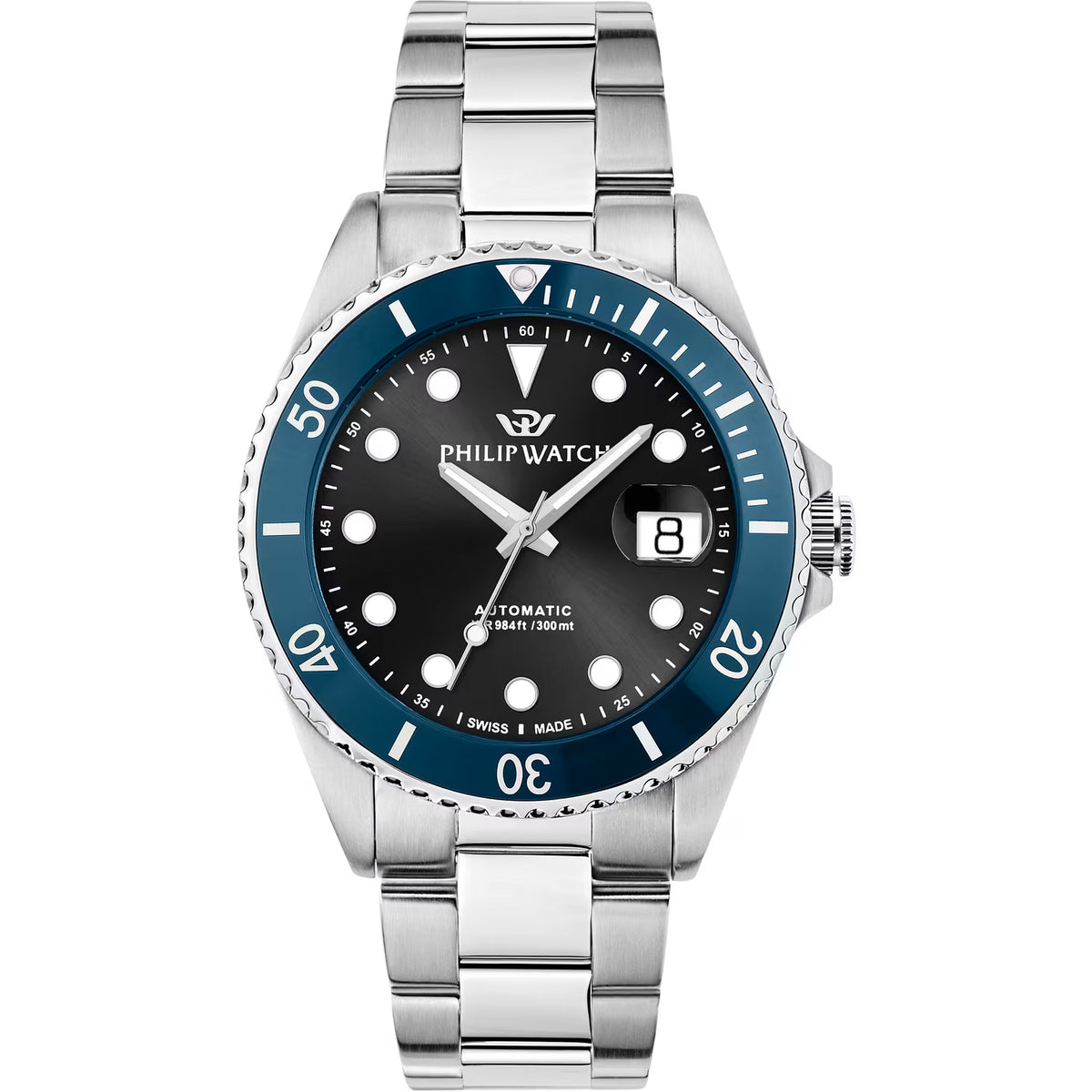 Philip Watch Caribe Diving R8223597117 automatico uomo 42 mm con quadrante nero, lunetta blu, cassa in acciaio e bracciale argentato.