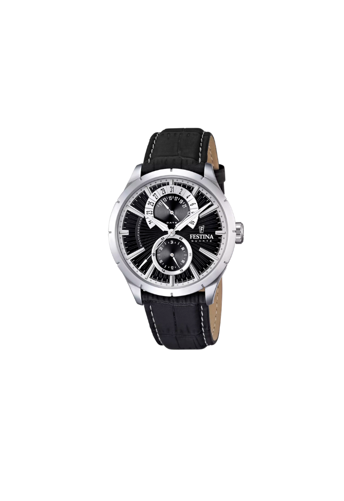 Festina F16 – Multifunction Quartz with Black Dial and Leather Strap