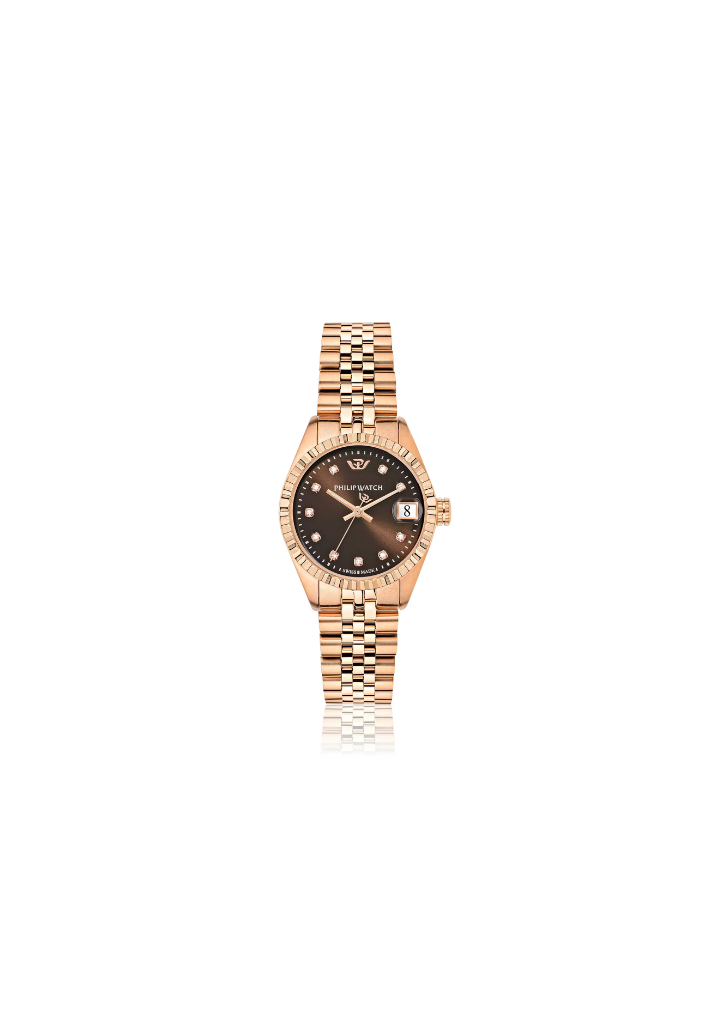 Orologio donna Philip Watch R8253597520 collezione Caribe, cassa rotonda da 31 mm in acciaio oro rosa, quadrante marrone con indici in diamanti e datario a lente, vetro zaffiro antiriflesso, bracciale in acciaio oro rosa, movimento al quarzo Swiss Made.