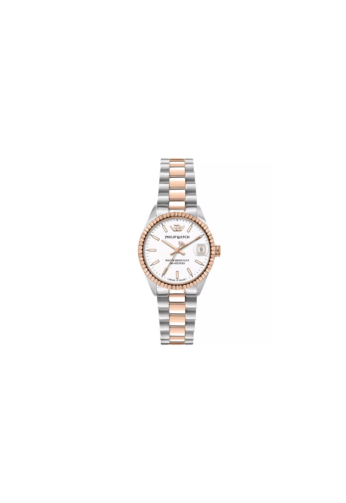 Orologio donna Philip Watch R8253597580 collezione Caribe, cassa 31 mm in acciaio bicolor silver e oro rosa, vetro zaffiro antiriflesso, bracciale in metallo bicolor con chiusura a farfalla, movimento al quarzo Swiss Made.