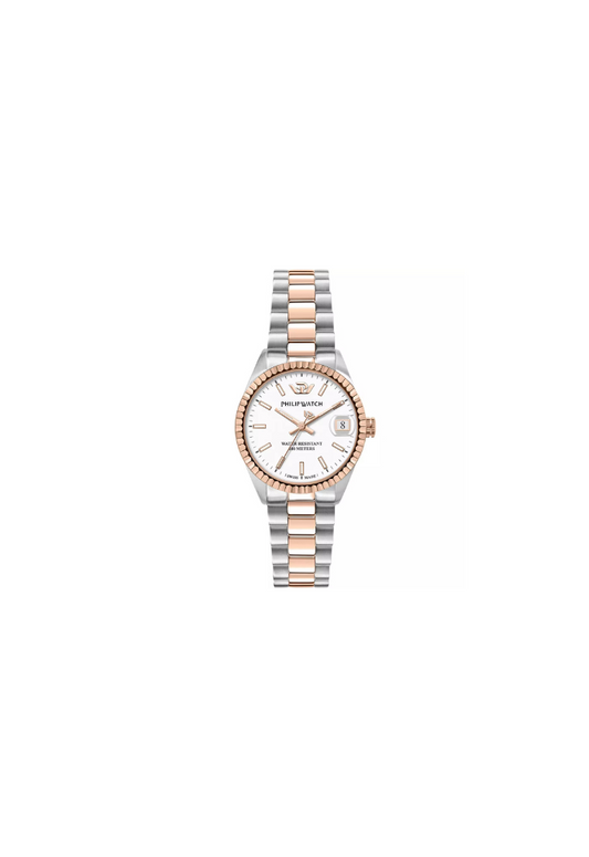 Orologio donna Philip Watch R8253597580 collezione Caribe, cassa 31 mm in acciaio bicolor silver e oro rosa, vetro zaffiro antiriflesso, bracciale in metallo bicolor con chiusura a farfalla, movimento al quarzo Swiss Made.