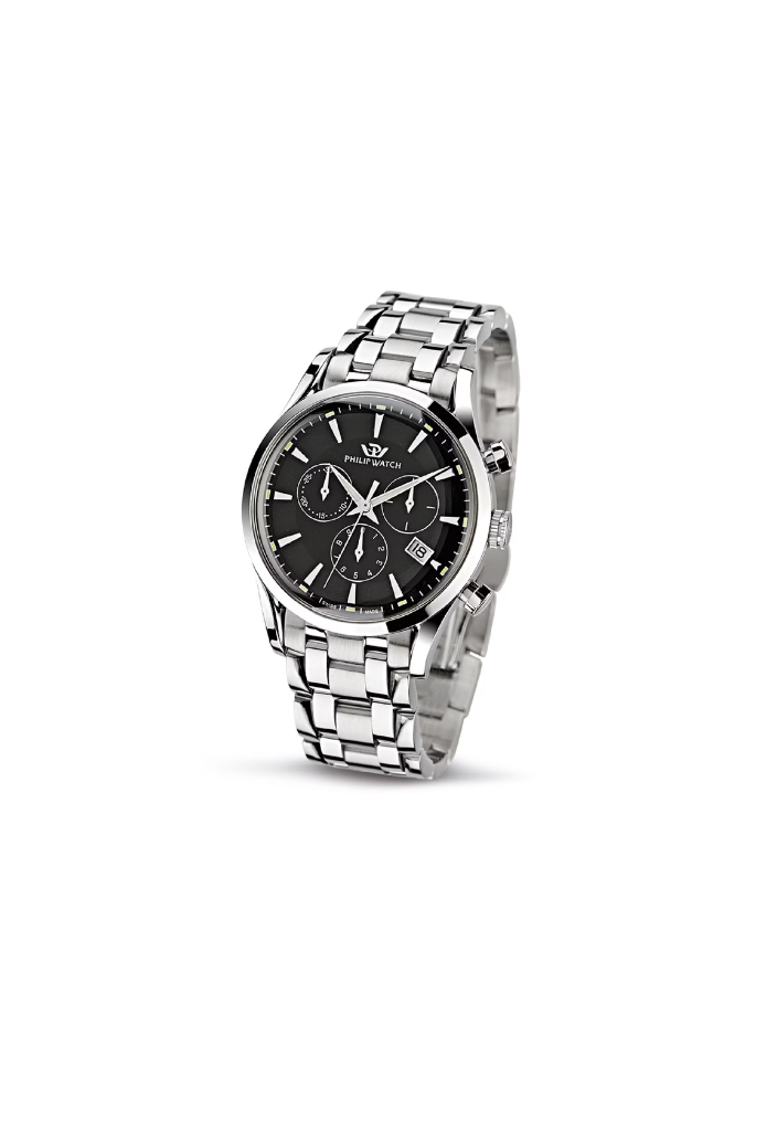 Philip Watch R8273908165 cronografo uomo Swiss Made – cassa rettangolare 49.2x39mm, quadrante nero Sunray, cinturino acciaio.