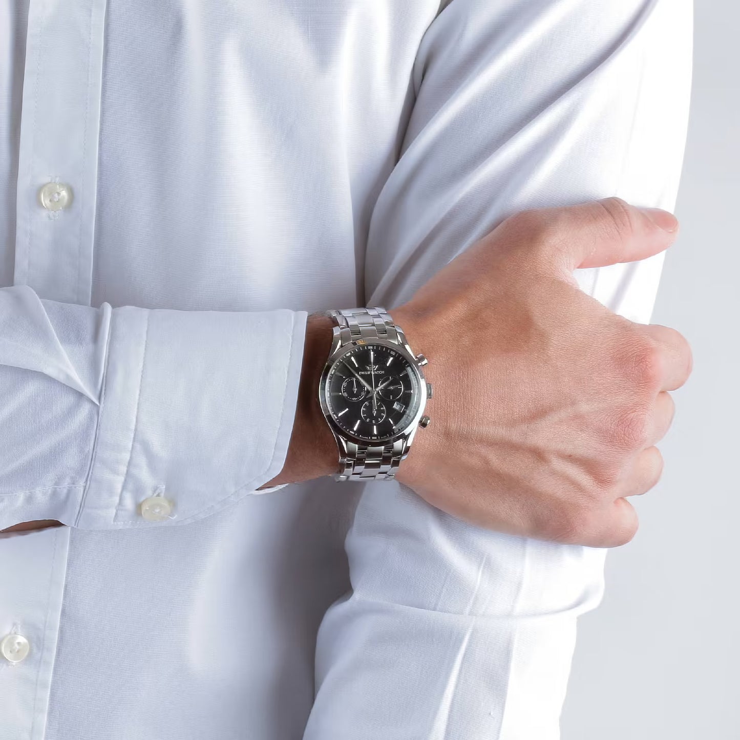Philip Watch R8273908165 cronografo uomo Swiss Made – cassa rettangolare 49.2x39mm, quadrante nero Sunray, cinturino acciaio.