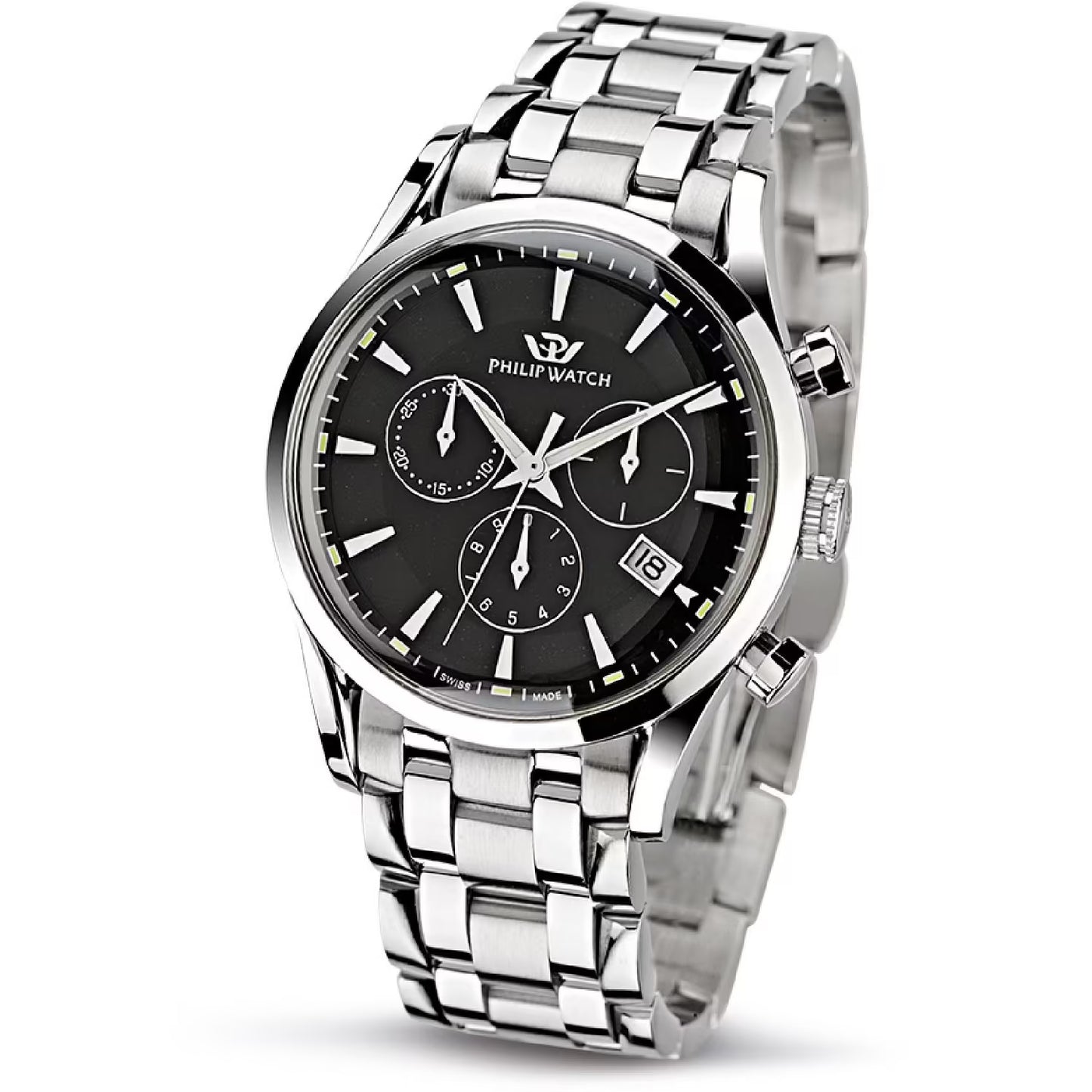 Philip Watch R8273908165 cronografo uomo Swiss Made – cassa rettangolare 49.2x39mm, quadrante nero Sunray, cinturino acciaio.