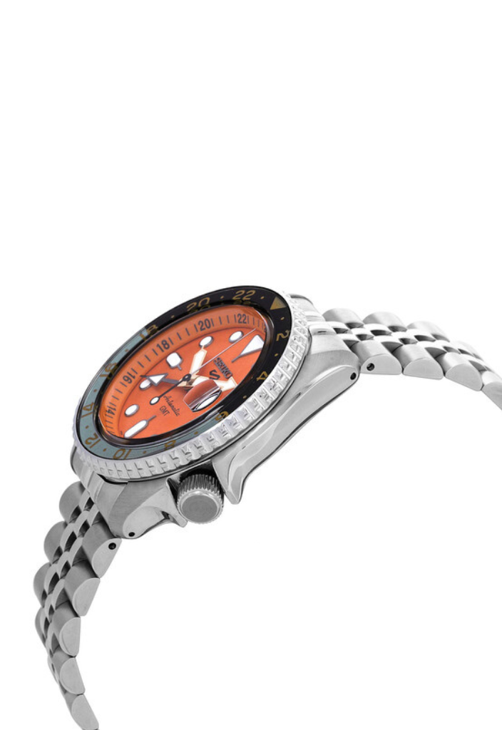 Seiko 5 Sports SSK005K1 – Orologio automatico GMT, quadrante arancione, ghiera bicolore, 42,5mm, movimento 4R34