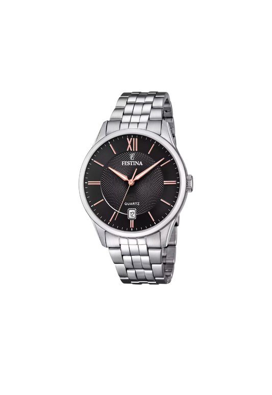 Festina F20 steel watch with black dial and rose gold details