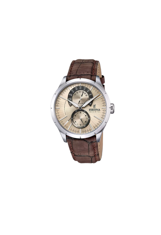 Festina F16 – Multifunction quartz watch with champagne dial and brown leather strap