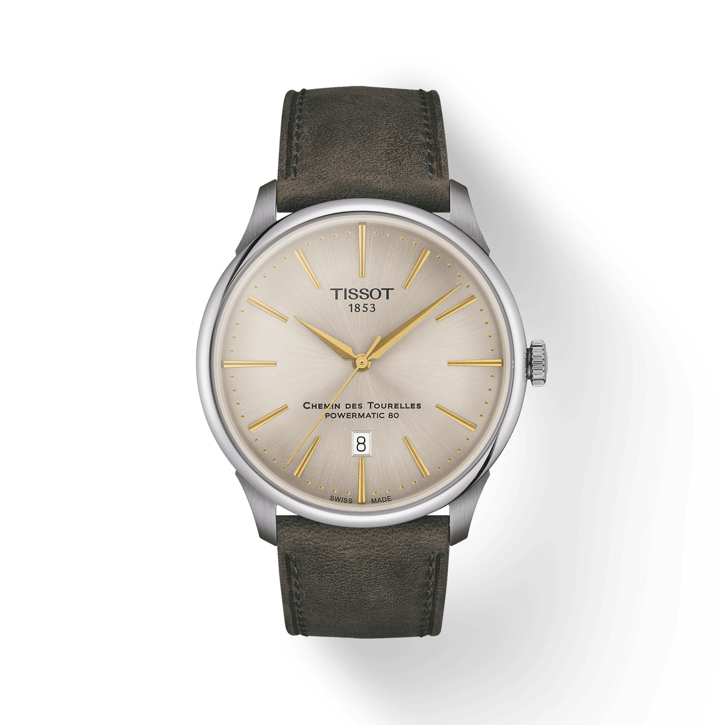 Tissot Chemin Des Tourelles Powermatic 80 Automatico Swiss Made Avorio 42mm T139.407.16.261.00 con quadrante avorio, cinturino pelle verde e vetro zaffiro bombato.