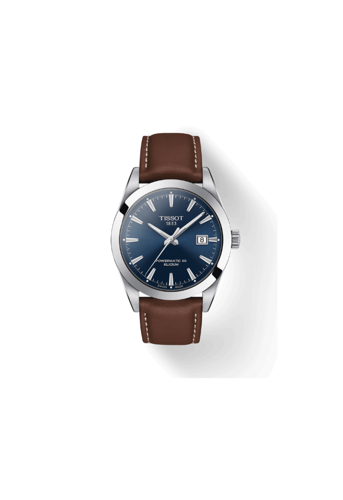 Tissot Gentleman Powermatic 80 Silicium T127.407.16.041.00 – Orologio automatico Swiss Made, 40mm, quadrante blu, cinturino in pelle marrone, fondello a vista, spirale in silicio.