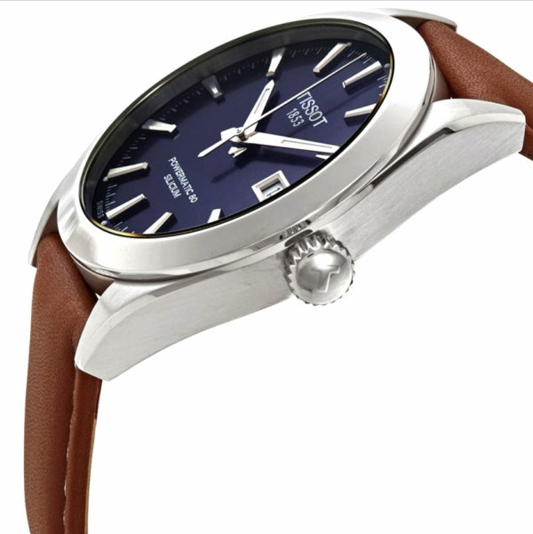 Tissot Gentleman Powermatic 80 Silicium T127.407.16.041.00 – Orologio automatico Swiss Made, 40mm, quadrante blu, cinturino in pelle marrone, fondello a vista, spirale in silicio.