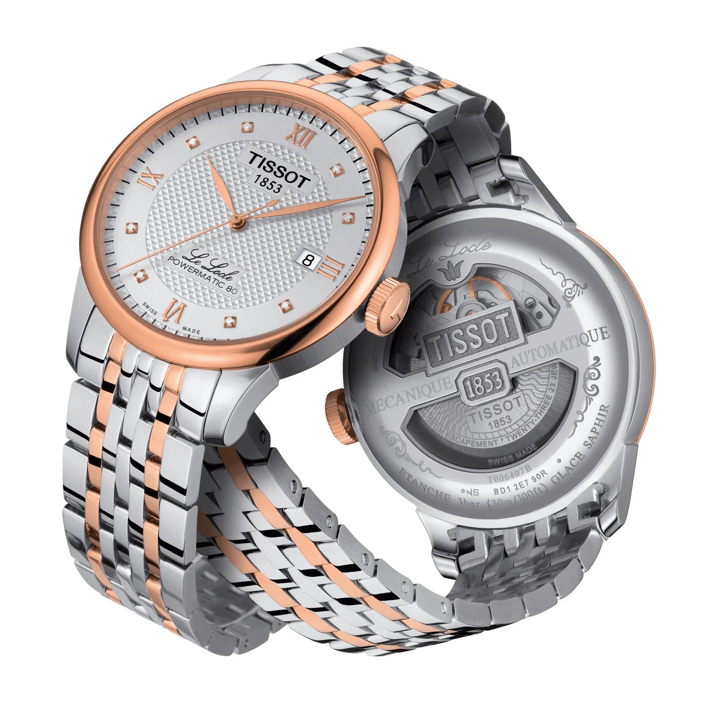 Tissot Le Locle Powermatic 80 automatico acciaio e oro rosa 39.3mm – Codice T006.407.22.033.00 – movimento Swiss Made, vetro zaffiro, fondello trasparente