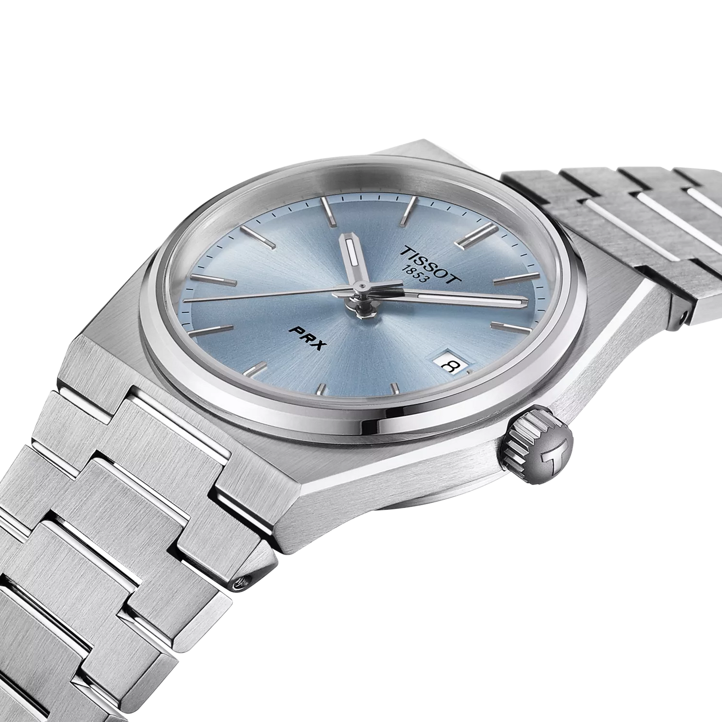 Tissot PRX 35mm quarzo Swiss Made acciaio quadrante azzurro ghiaccio Ref. T137.210.11.351.00 orologio elegante con bracciale integrato