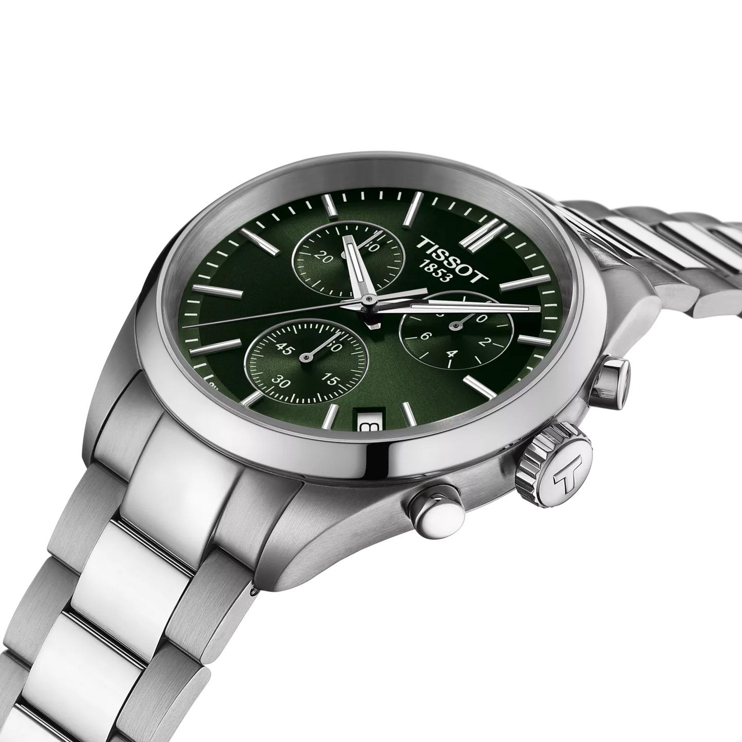 Tissot PR 100 quarzo Swiss Made 40mm T150.417.11.091.00 con quadrante verde, cronografo, vetro zaffiro e cinturino intercambiabile in acciaio