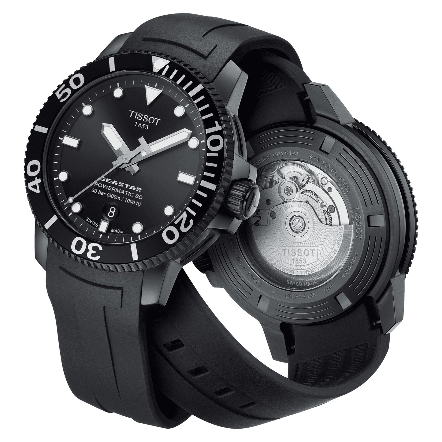 Tissot Seastar 1000 Automatico 43mm T120.407.37.051.00 quadrante nero Powermatic 80 300m ghiera unidirezionale cinturino gomma