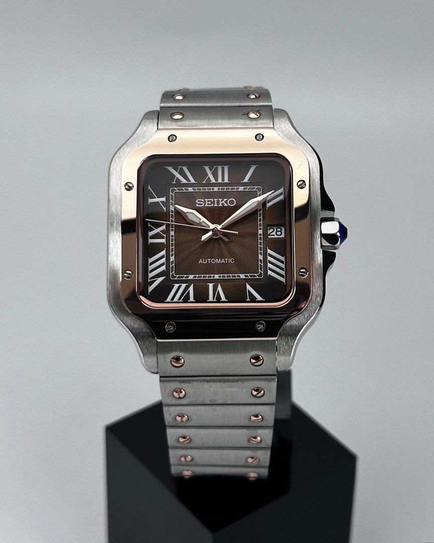 Santos Mod Custom 38mm – Orologio automatico bi-color oro e oro rosa, quadrante marrone, cinturino in acciaio, realizzato su prenotazione – mdr watch