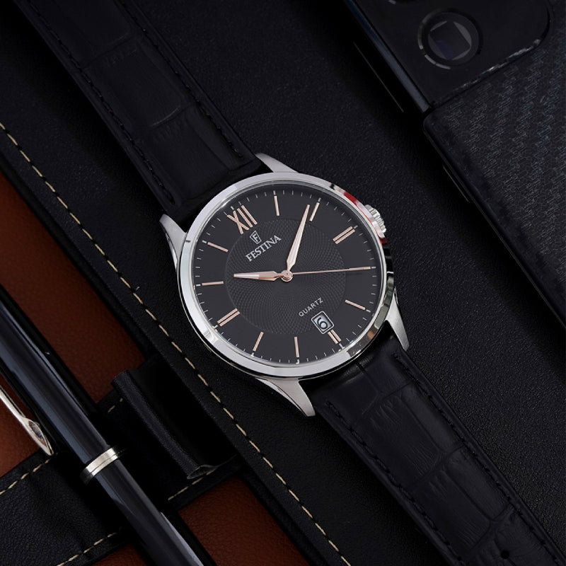 Festina F20 Black Watch Black Leather Strap – Elegance
