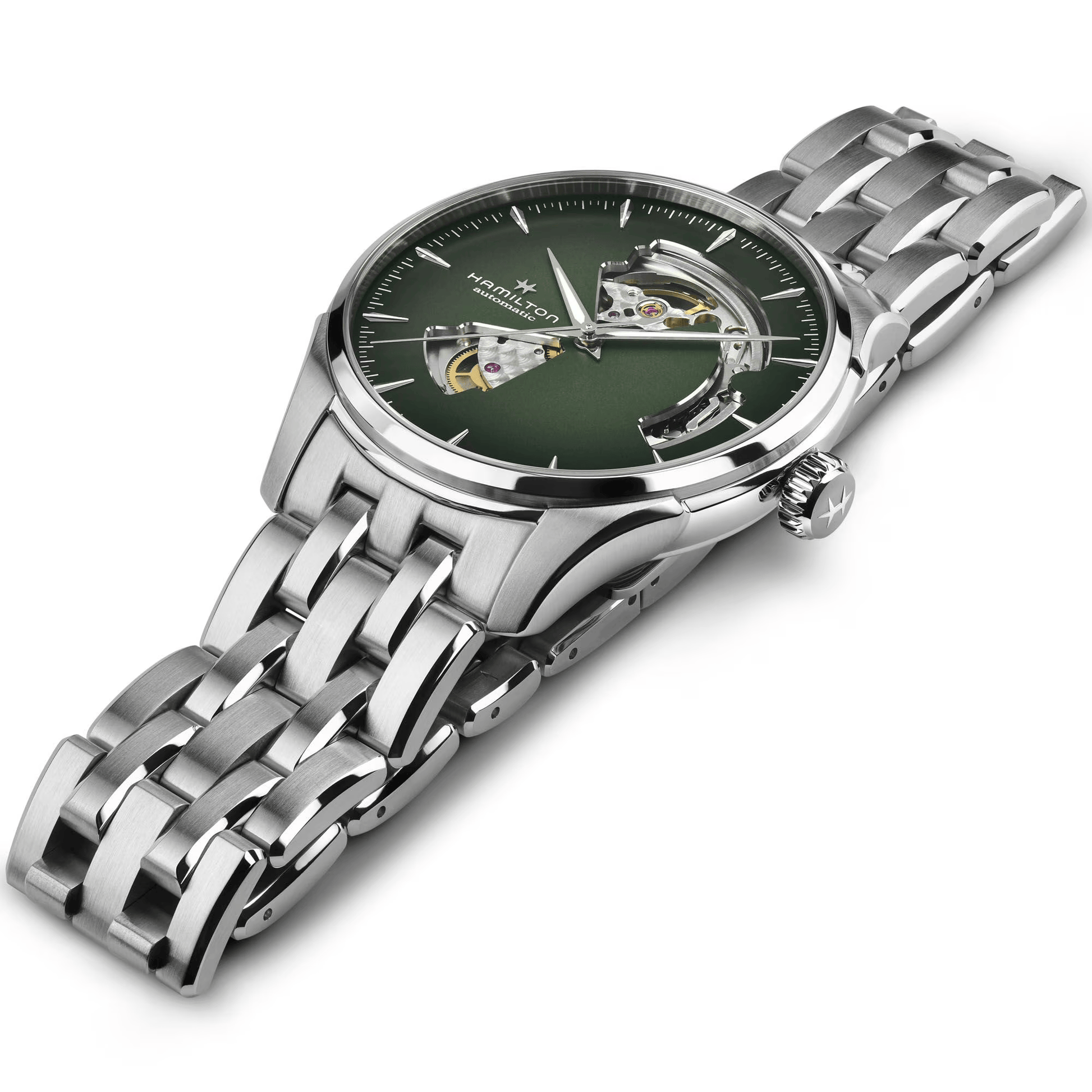 Orologio Hamilton Jazzmaster H32675160 automatico scheletrato uomo – quadrante verde, cassa acciaio, movimento Swiss Made a vista – elegante e sportivo, ideale per collezionisti e appassionati. Disponibile su mdrwatch, spedizione da Macerata Campania. Confronta con Cellini Caserta, Jolli Gioielli, Rutigliano Capua, Sessa Gioielleria Santa Maria.