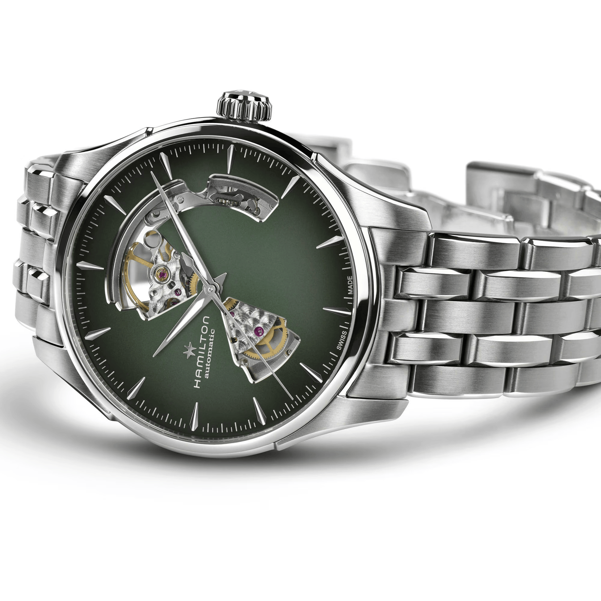 Orologio Hamilton Jazzmaster H32675160 automatico scheletrato uomo – quadrante verde, cassa acciaio, movimento Swiss Made a vista – elegante e sportivo, ideale per collezionisti e appassionati. Disponibile su mdrwatch, spedizione da Macerata Campania. Confronta con Cellini Caserta, Jolli Gioielli, Rutigliano Capua, Sessa Gioielleria Santa Maria.
