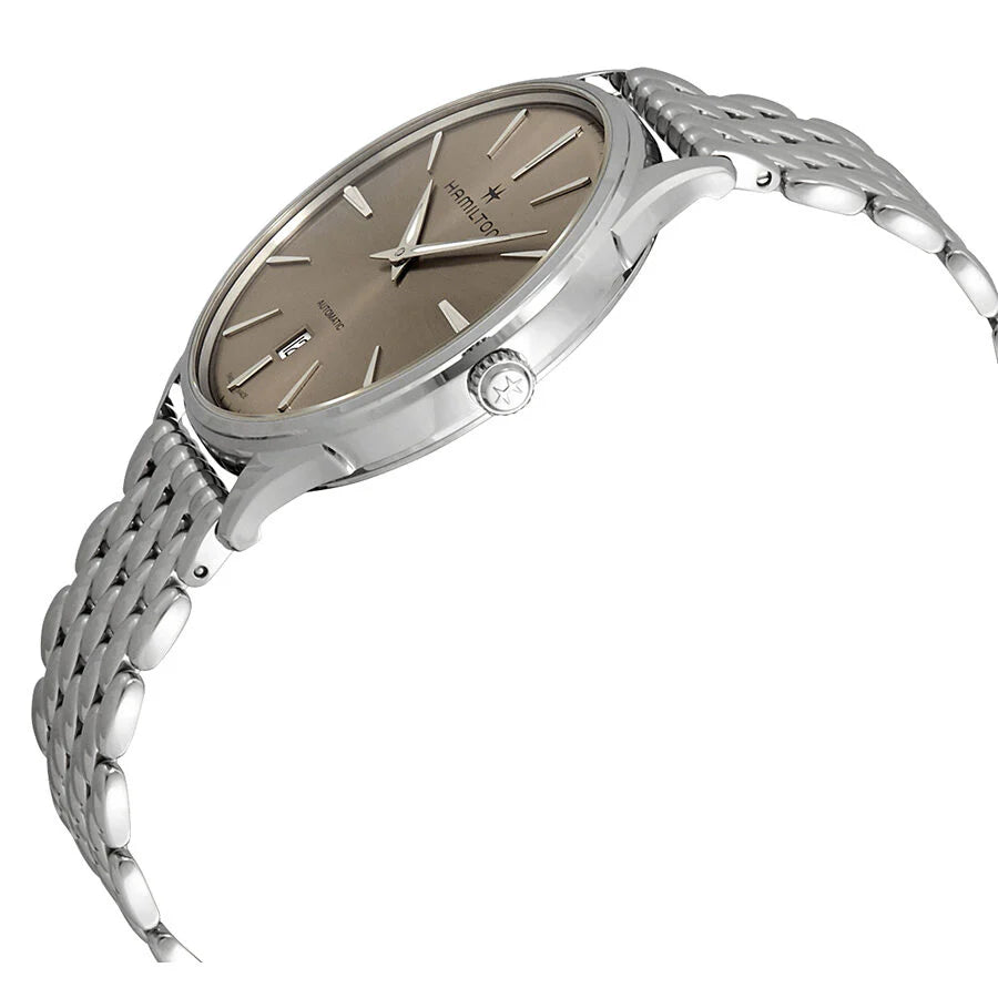 Orologio Hamilton Jazzmaster Auto H38525121 da uomo, automatico Swiss Made con cassa in acciaio da 40 mm, quadrante silver raffinato con indici a bastone, cinturino in pelle marrone, movimento H-10 con riserva di carica di 80 ore, stile elegante e minimal, perfetto per uso quotidiano o occasioni formali, orologio classico e preciso firmato Hamilton.