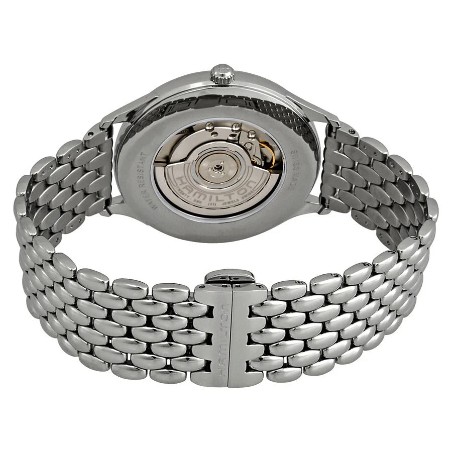 Orologio Hamilton Jazzmaster Auto H38525121 da uomo, automatico Swiss Made con cassa in acciaio da 40 mm, quadrante silver raffinato con indici a bastone, cinturino in pelle marrone, movimento H-10 con riserva di carica di 80 ore, stile elegante e minimal, perfetto per uso quotidiano o occasioni formali, orologio classico e preciso firmato Hamilton.