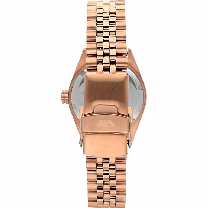 Orologio donna Philip Watch R8253597520 collezione Caribe, cassa rotonda da 31 mm in acciaio oro rosa, quadrante marrone con indici in diamanti e datario a lente, vetro zaffiro antiriflesso, bracciale in acciaio oro rosa, movimento al quarzo Swiss Made.
