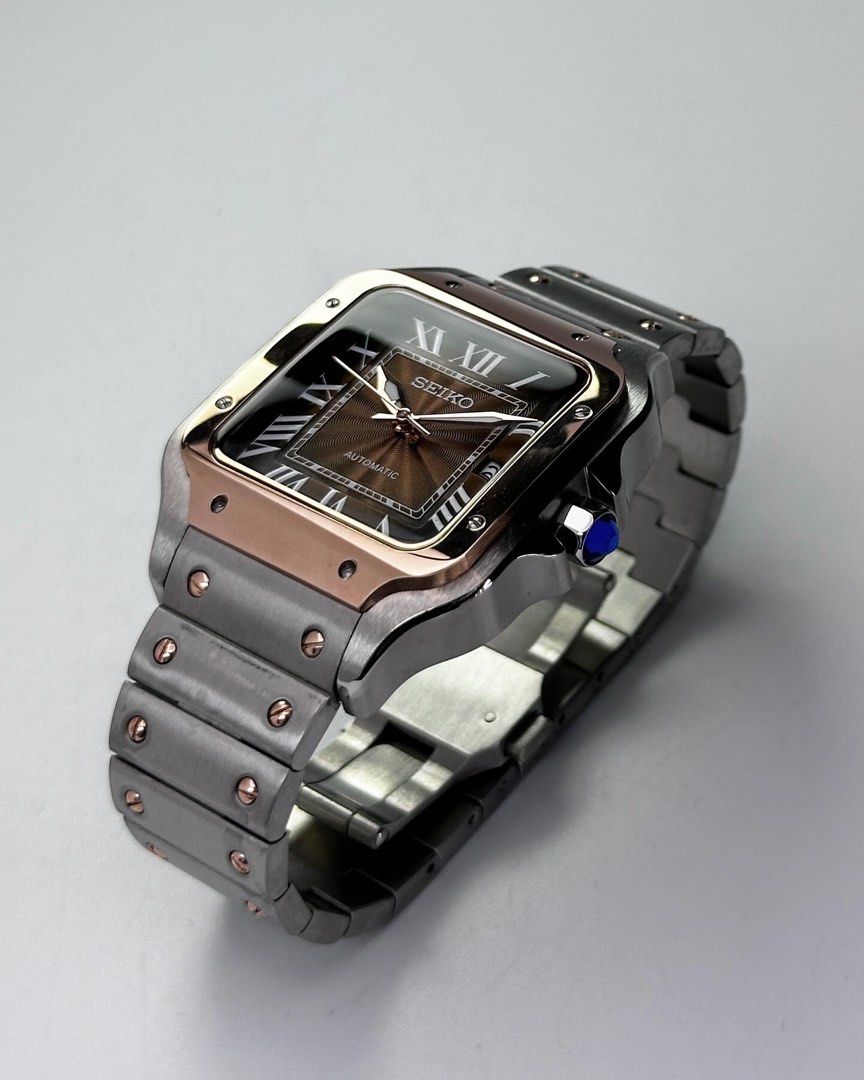 Santos Mod Custom 38mm – Orologio automatico bi-color oro e oro rosa, quadrante marrone, cinturino in acciaio, realizzato su prenotazione – mdr watch