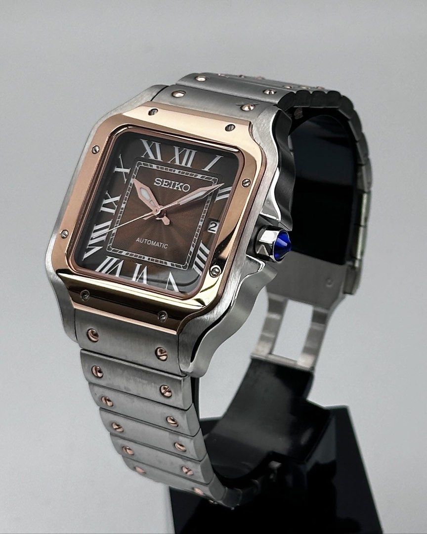 Santos Mod Custom 38mm – Orologio automatico bi-color oro e oro rosa, quadrante marrone, cinturino in acciaio, realizzato su prenotazione – mdr watch