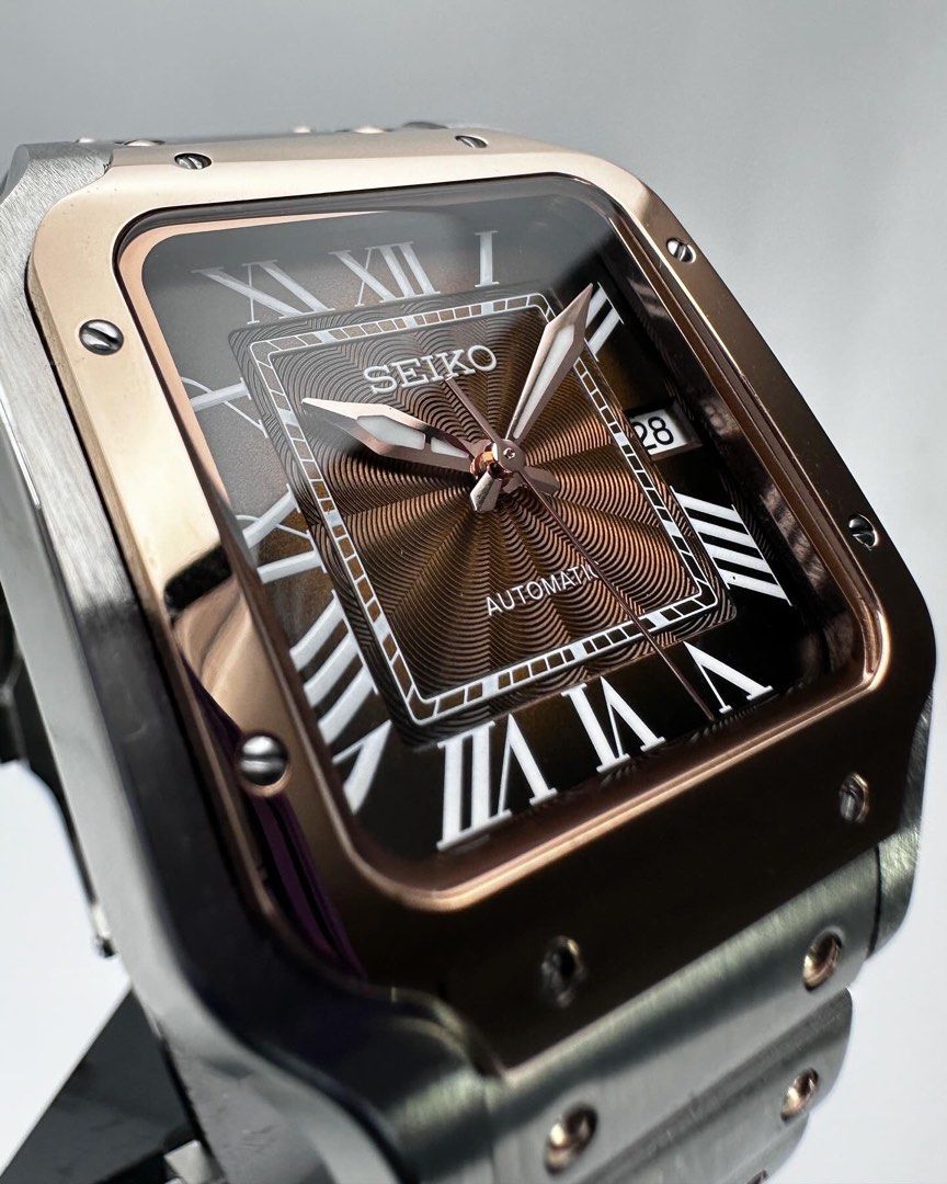Santos Mod Custom 38mm – Orologio automatico bi-color oro e oro rosa, quadrante marrone, cinturino in acciaio, realizzato su prenotazione – mdr watch