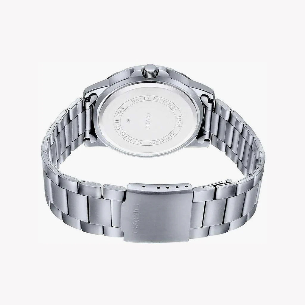 Orologio Casio MTP-VD300D-2EUDF con quadrante blu e bracciale in acciaio, vista frontale

Dettaglio del quadrante blu con sotto-quadranti giorno, data e 24 ore – Casio MTP-VD300D-2EUDF

Vista laterale della cassa in acciaio inox da 45 mm dell’orologio Casio MTP-VD300D-2EUDF

Orologio da uomo Casio MTP-VD300D-2EUDF con stile elegante e design multifunzione


