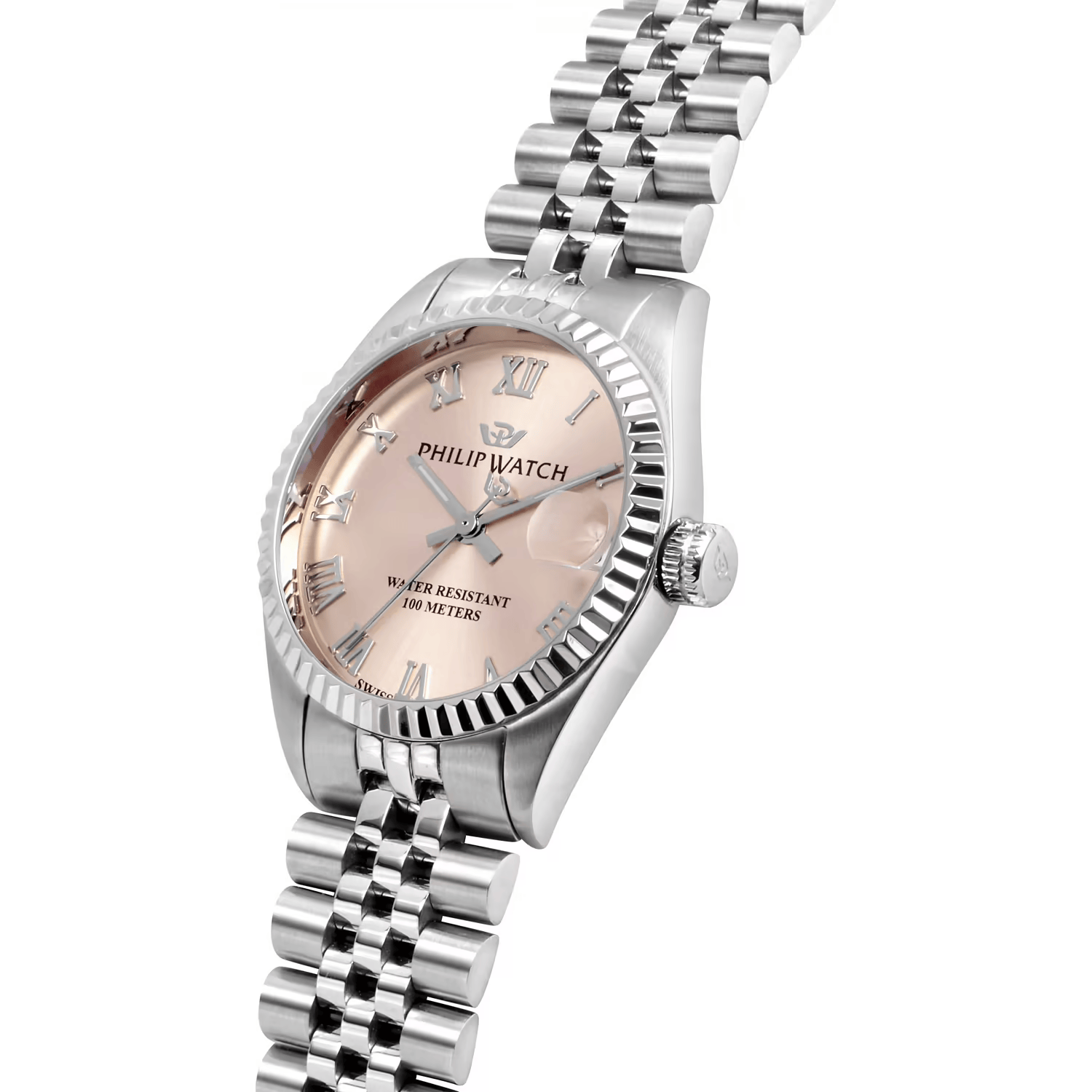 Orologio Philip Watch Caribe R8253597599 da donna, cassa rettangolare 39x31 mm in acciaio satinato rosa, bracciale in metallo color argento, quadrante multifunzione e vetro zaffiro.

