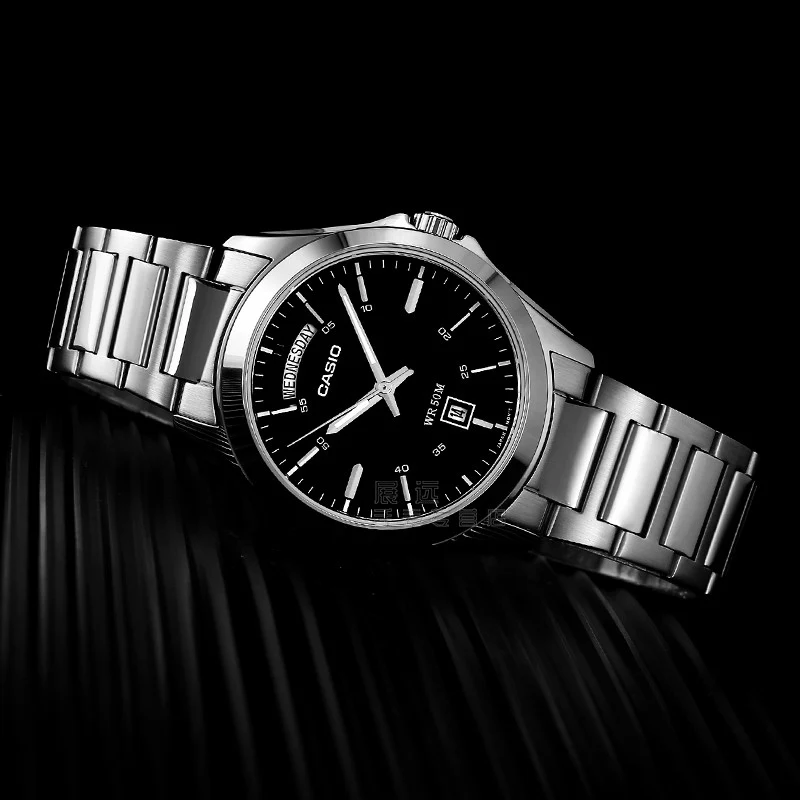 Casio MTP-1370D-1A1 orologio quartz acciaio inox quadrante nero 39mm day-date MTP-1370D-1A1