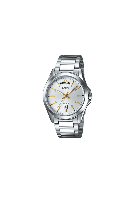 Casio Daydate MTP-1370D-7A2V – Orologio da uomo in acciaio inox con quadrante bianco e dettagli oro, 39mm, movimento al quarzo con Day-Date.