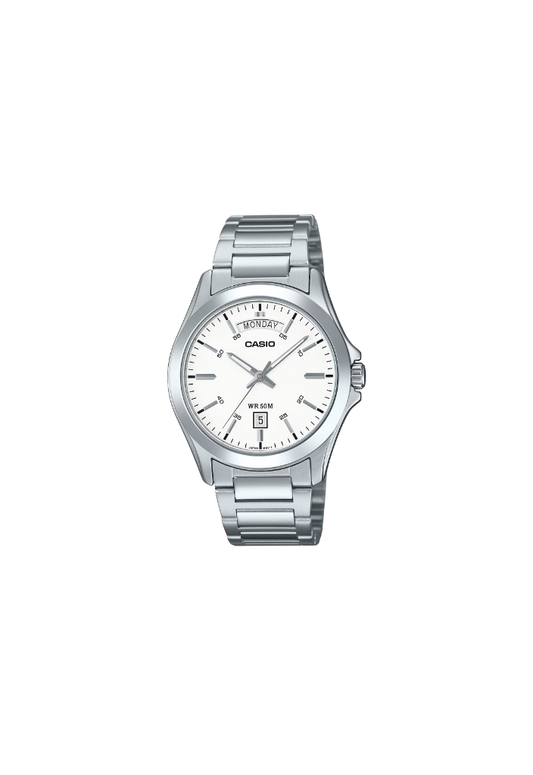 Casio Daydate MTP-1370D-7A3V – Orologio da uomo in acciaio inox con quadrante bianco 39mm, movimento al quarzo, day-date.