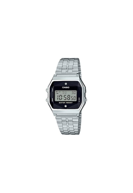 Casio Vintage A159WAD-1DF digitale con quadrante nero impreziosito da diamanti naturali, cassa argentata e bracciale in acciaio inox.