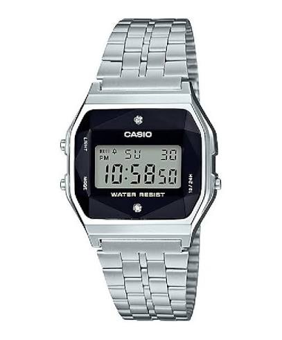 Casio Vintage A159WAD-1DF digitale con quadrante nero impreziosito da diamanti naturali, cassa argentata e bracciale in acciaio inox.