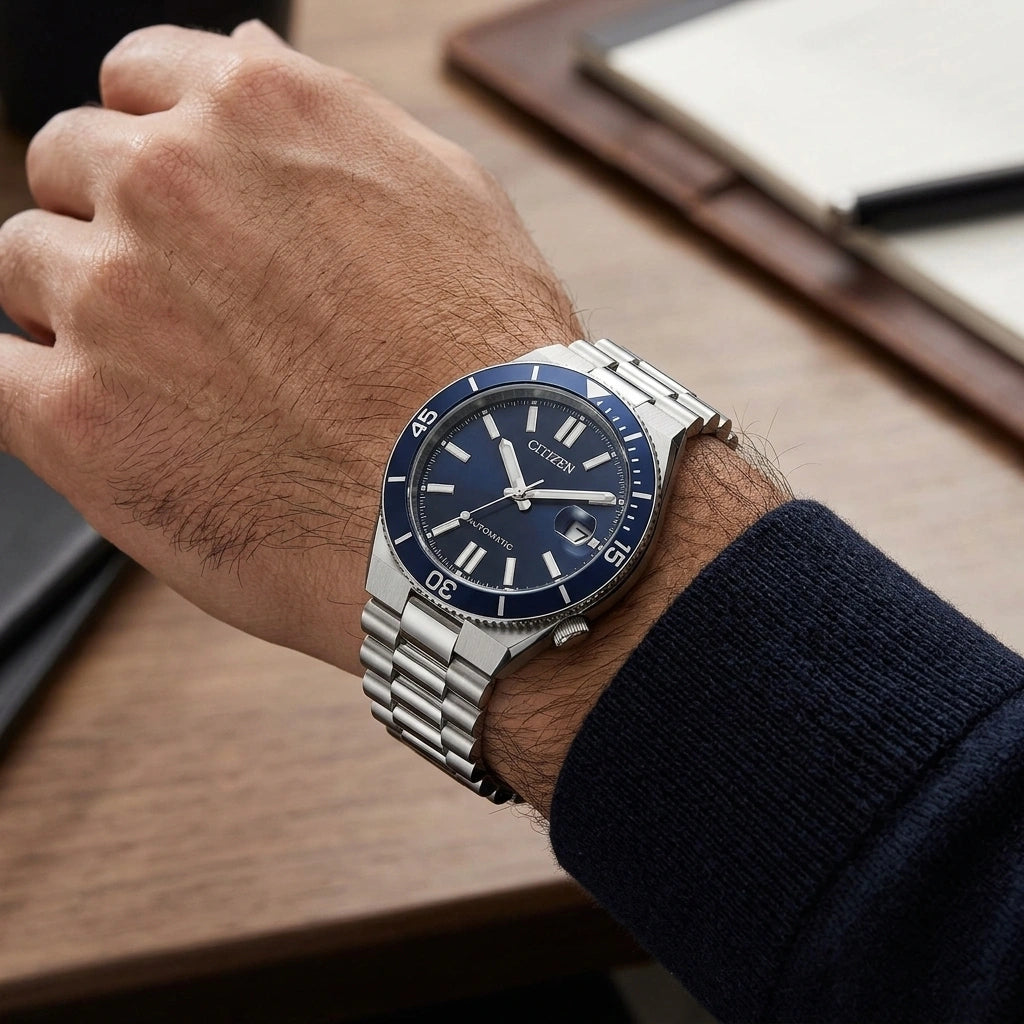 Citizen Tsuyosa Shore NJ0230-59L orologio automatico uomo quadrante blu cassa acciaio 40 mm vetro zaffiro fondello trasparente