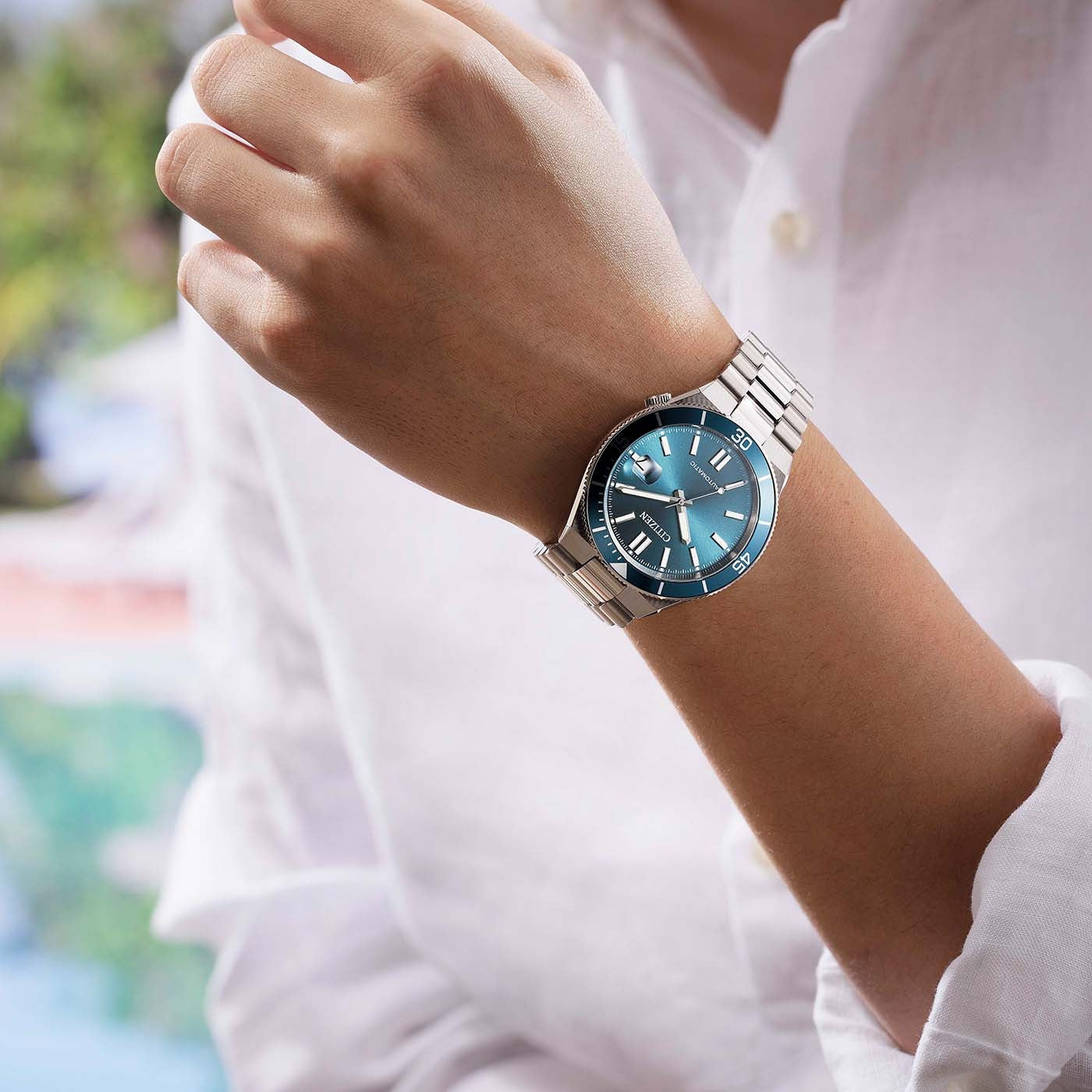 Citizen Tsuyosa Shore NJ0231-56L orologio automatico uomo quadrante blu cassa acciaio 40 mm ghiera girevole vetro zaffiro
