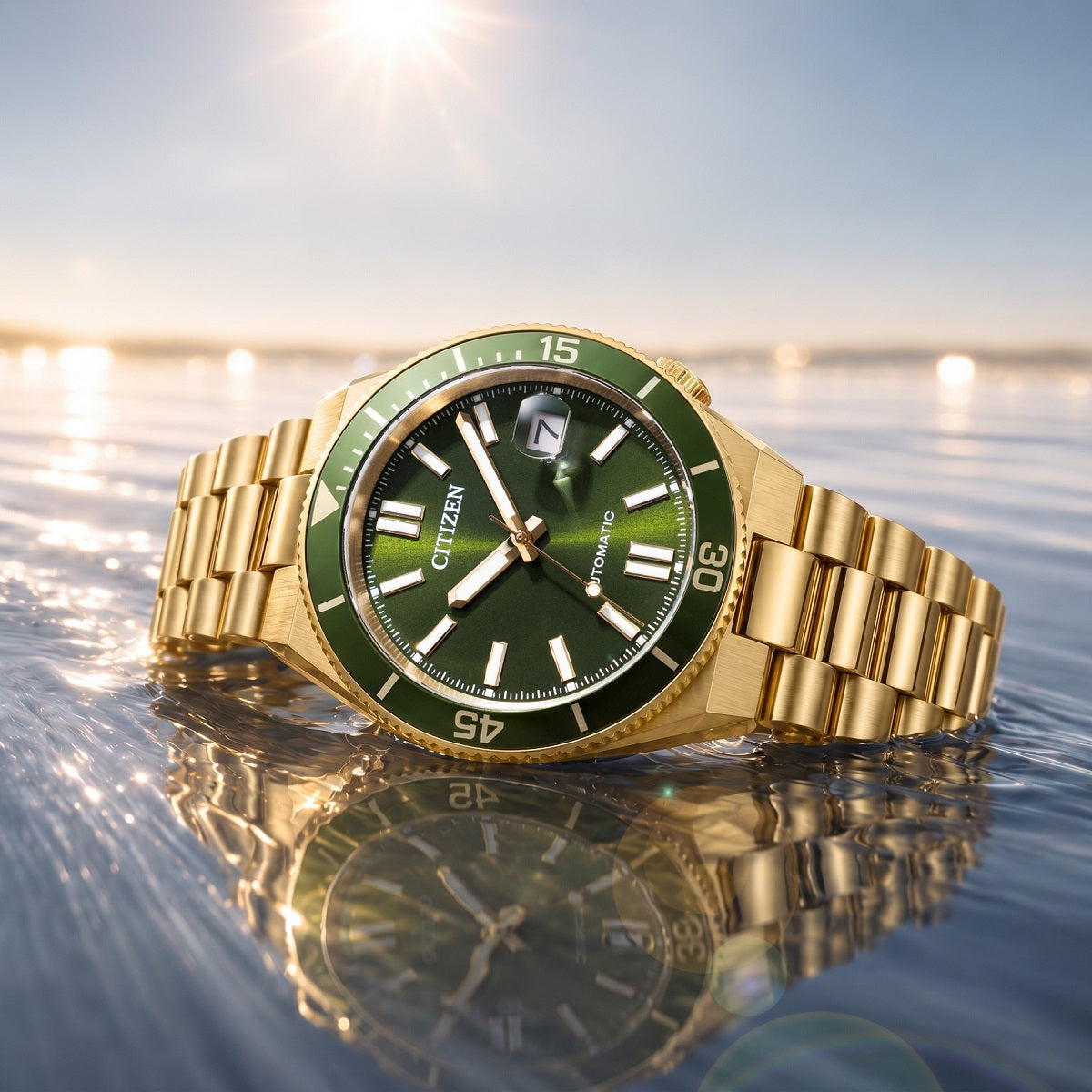 Citizen Tsuyosa Shore NJ0232-53X orologio automatico uomo verde oro acciaio 40 mm vetro zaffiro ghiera girevole
